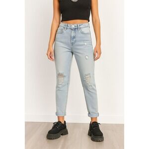 VTG Y2K Blue Light Wash Ripped  Jeans Women SZ 4 Cuffed Throwback‎ Street Style